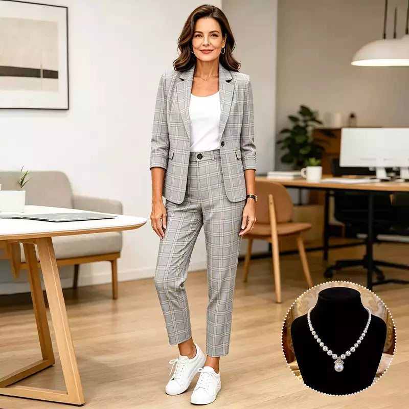 【Comandă astăzi și primești CADOU un colier superb din perle!】Costum Elegant din 2 Piese în Carouri: Sacou cu Mâneci Trei Sferturi și Pantaloni Slim Fit